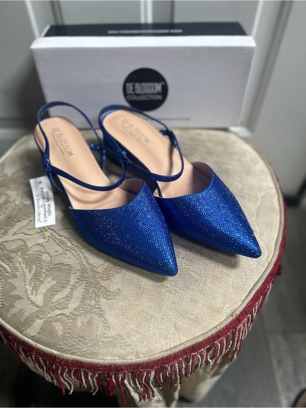 De Blossom Collection Sparkling Pointed Slingback Flats in Blue- Wide Width Sz 9